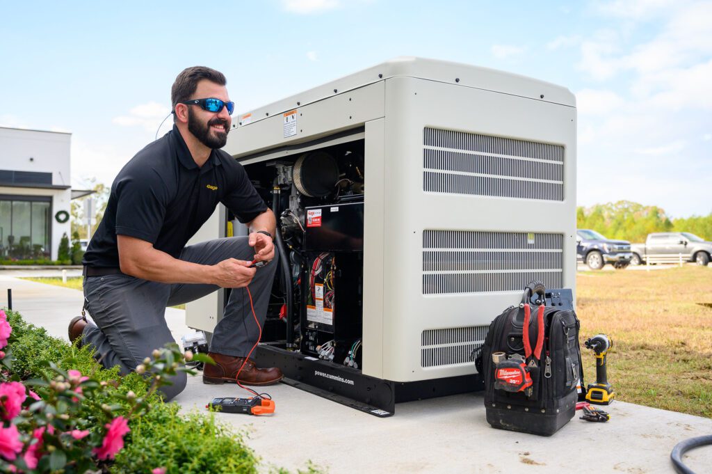 Technician performing generator servicing and maintenance